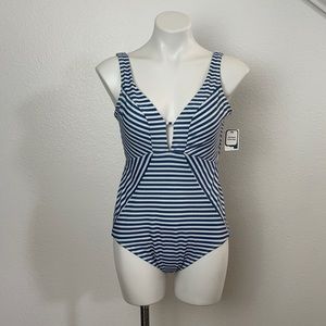 Time and tru blue and white striped one piece swim suit size L NEW with tags